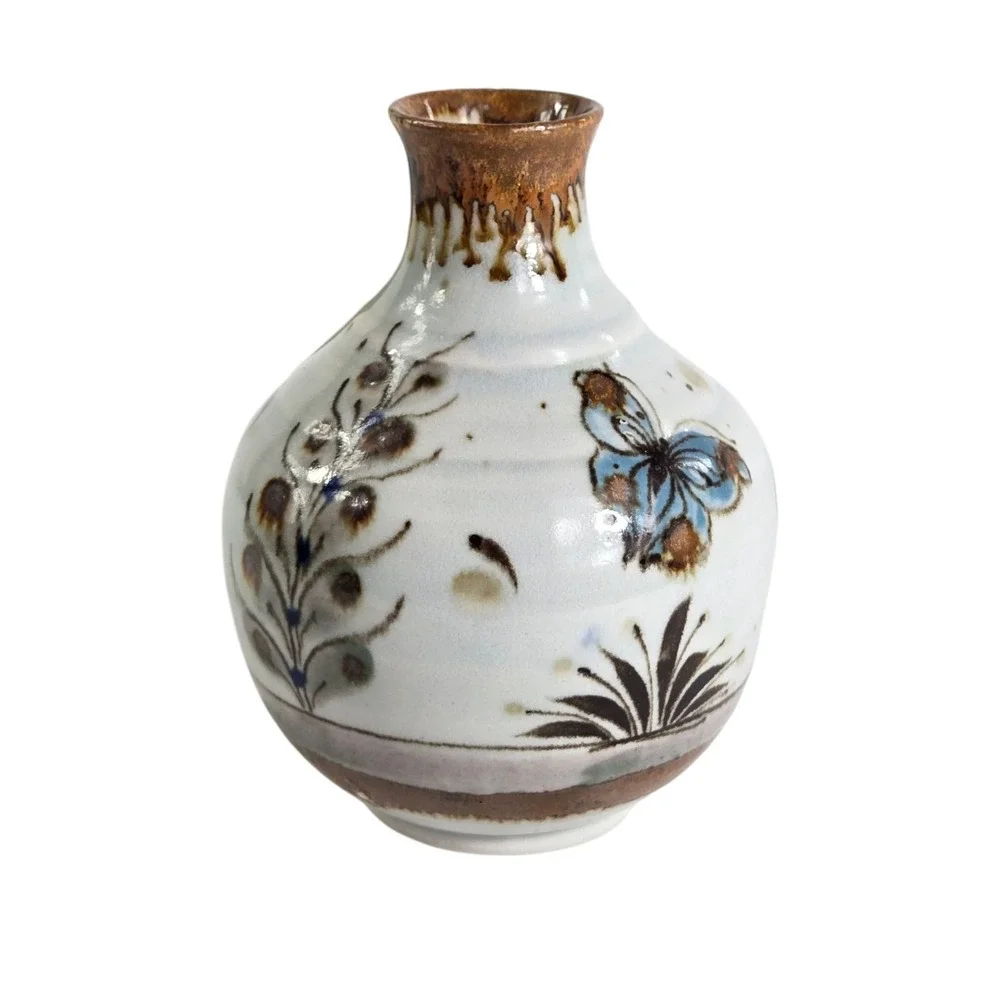 Vintage Ken Edwards Pottery Vase Tonala Butterfly Flowers Bunny Rabbit Sign 5.5